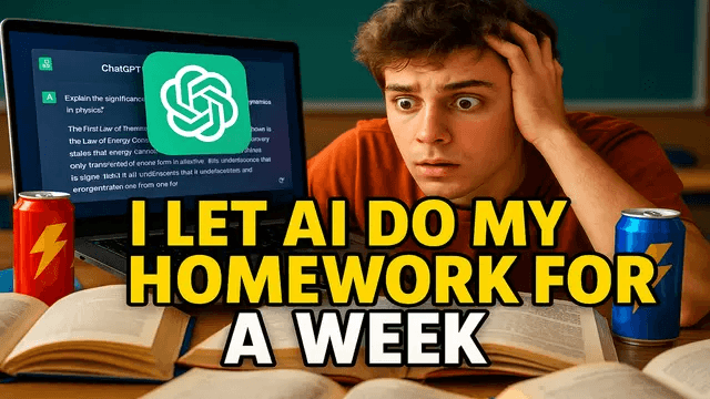 A tired student surrounded by open books and energy drinks, eyes wide as ChatGPT answers a complex question on screen. Text: "I LET AI DO MY HOMEWORK FOR A WEEK" Style: School/study experiment, casual + tech curiosity. "I Let ChatGPT Do My Homework for a Week — Here's What Happened"
