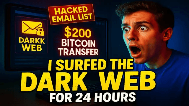 A dark room, a computer monitor glowing with suspicious dark web listings, user face lit in shock, surrounded by phrases like "Hacked Email List" and "$200 Bitcoin Transfer". Text: "I SURFED THE DARK WEB FOR 24 HOURS" Style: Exploration / edgy mystery, dangerous curiosity angle. "I Spent 24 Hours on the Dark Web… BIG Mistake"