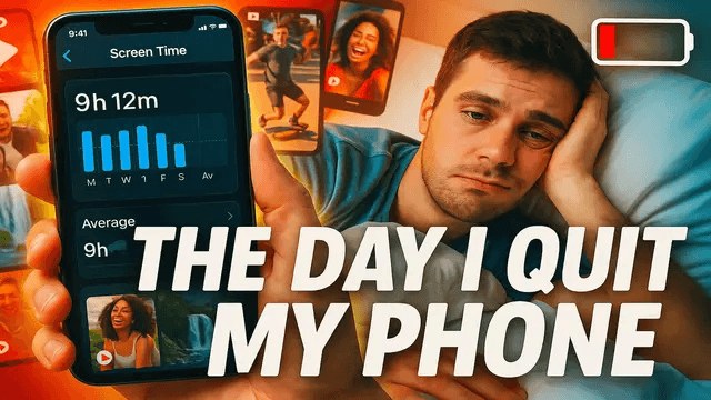 A phone with screen time stats showing 9+ hours/day, surrounded by fast clips of reels and shorts. A red battery icon appears above a tired face slumped in bed.Text: "THE DAY I QUIT MY PHONE". Style: Lifestyle detox / challenge, high relatability and strong hook. "Going Phone-Free for a Day Changed Me"