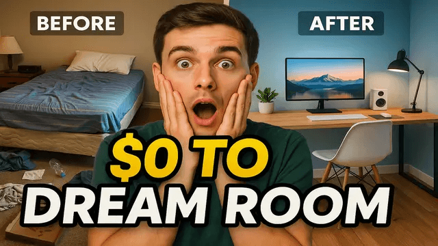 A wide shot of a cluttered, dirty bedroom labeled "BEFORE" on one side, and a spotless, aesthetic desk setup labeled "AFTER" on the other. A surprised face reacting in the middle. Text: "$0 TO DREAM ROOM" Style: Transformation / productivity video, classic comparison split, clean and inviting. "From Trash to Dream Setup – ZERO Budget!"