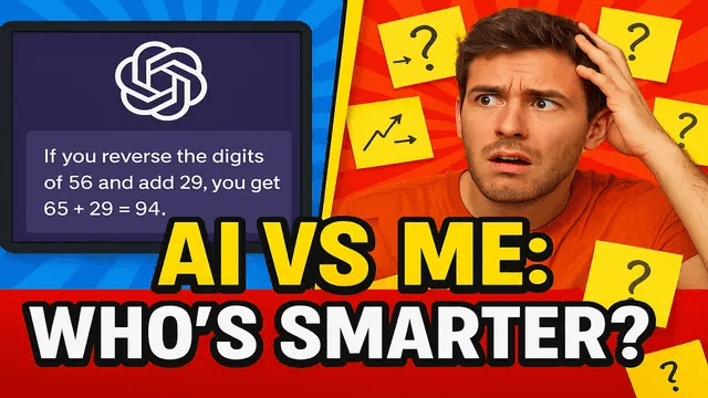 A split screen of ChatGPT giving a genius answer and a human confused with notes everywhere, & the bold text "AI VS ME: WHO'S SMARTER?". Style: Edutainment / challenge, fun contrast colors, big text for intrigue. "Me vs. AI: Who Solves It Faster?"